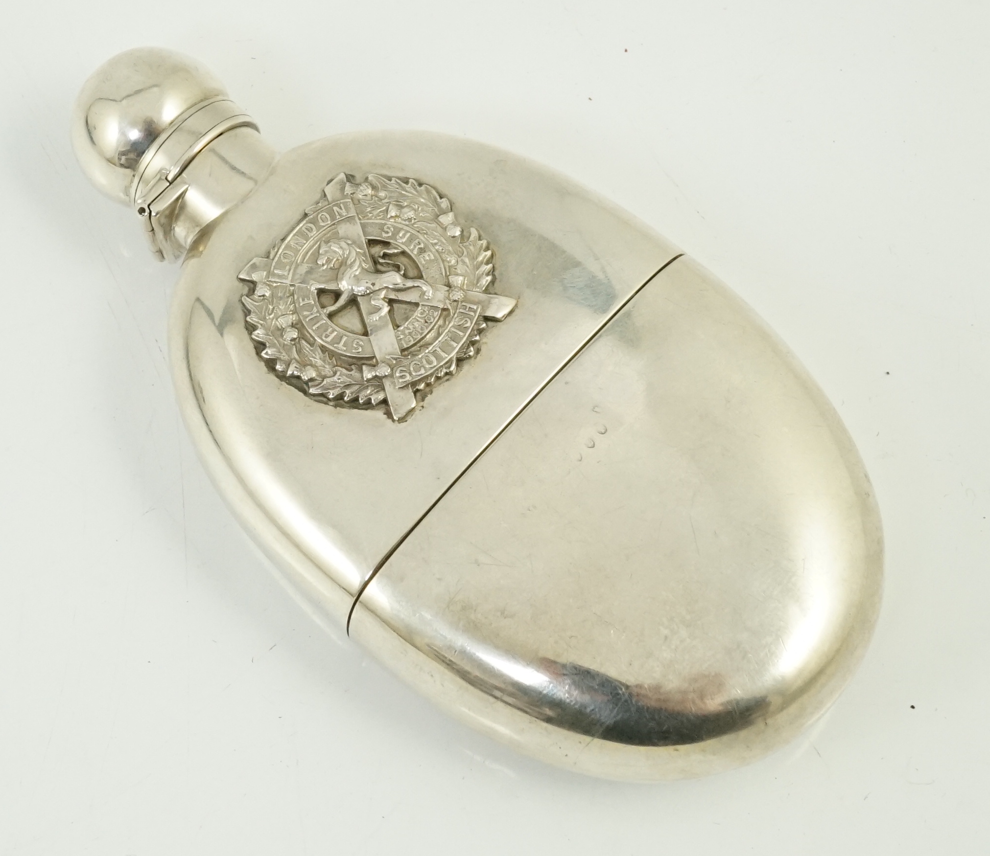 The London Scottish Rifles. A Victorian silver hip flask, Frederick Bradford McCrea, London, 1886